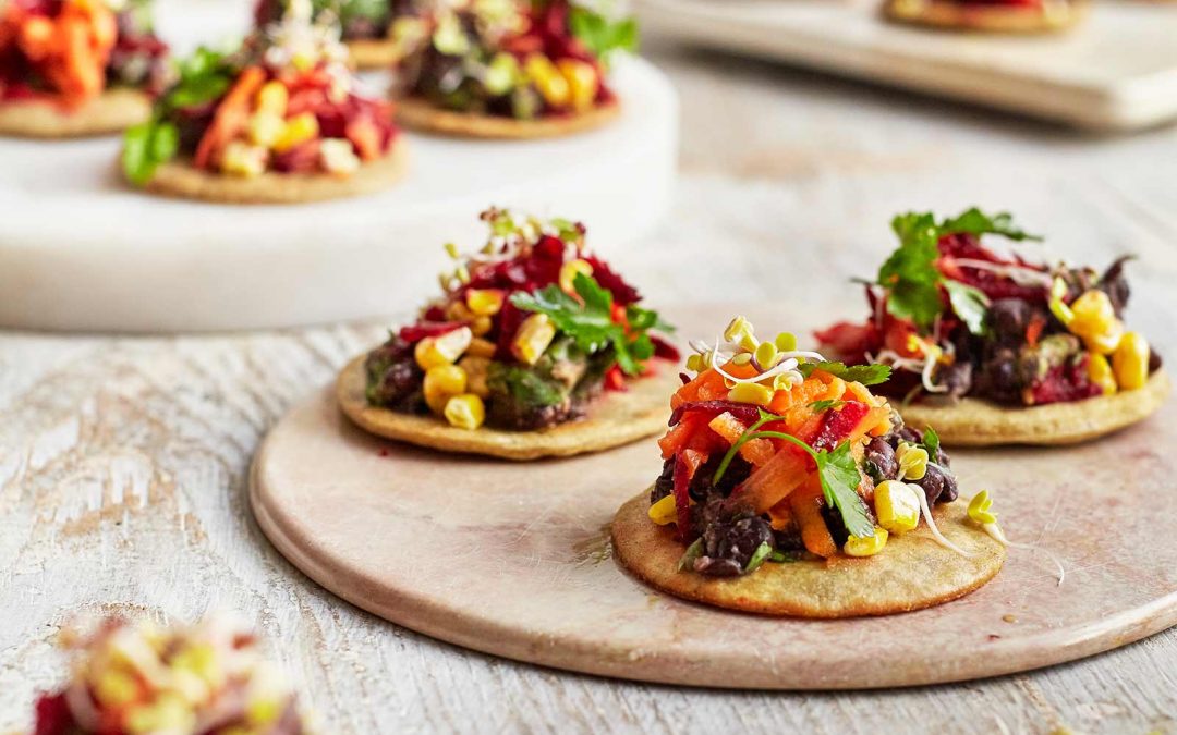 Kimchi and black bean tostadas