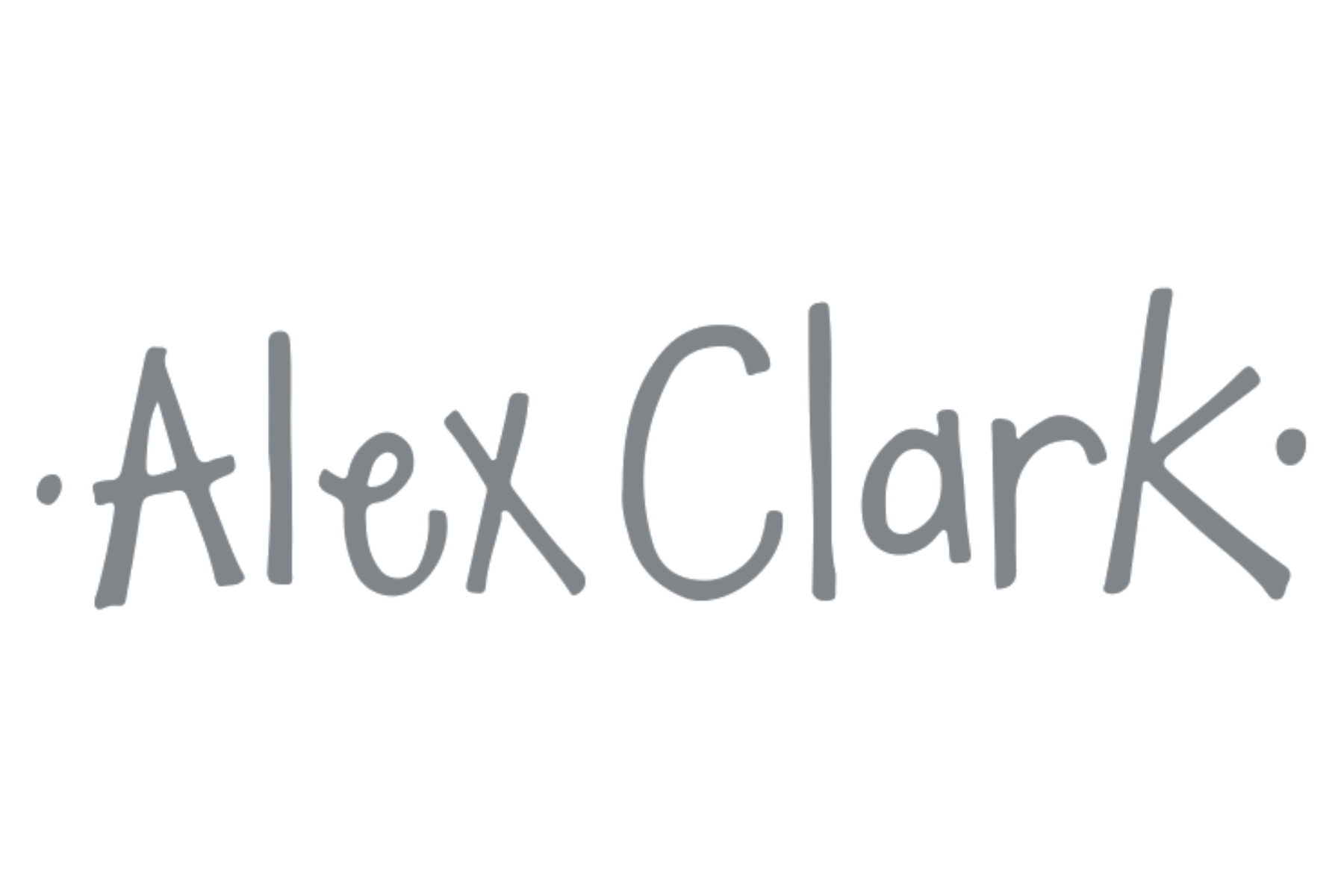 Forward facing studio image of Alex Clark Logo. Grey text on white background. Buy Alex Clark Online UK.